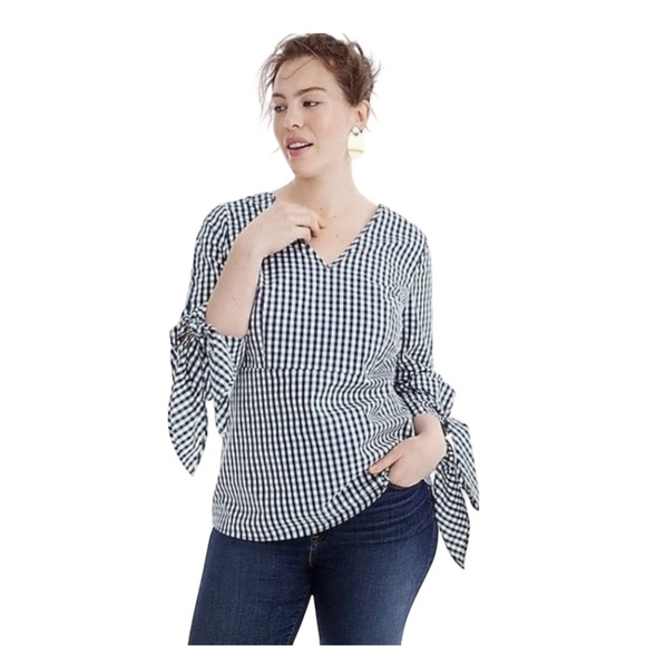 Universal Standard For J Crew Blue&White Gingham Poplin Tie Sleeve Blouse Sz 2X - Picture 4 of 15
